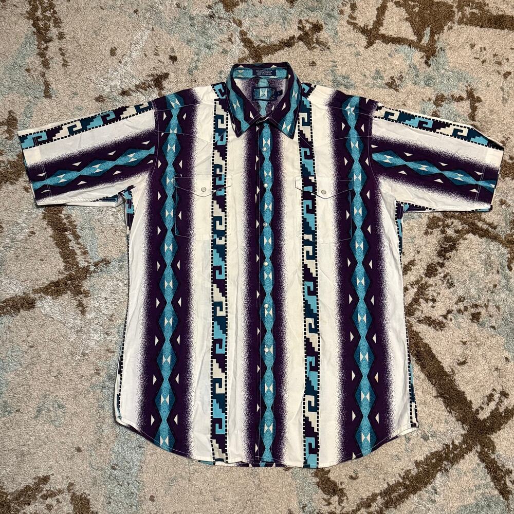 Vintage Wrangler Aztec Pearl Snap Shirt Size Large Western Tribal 90s